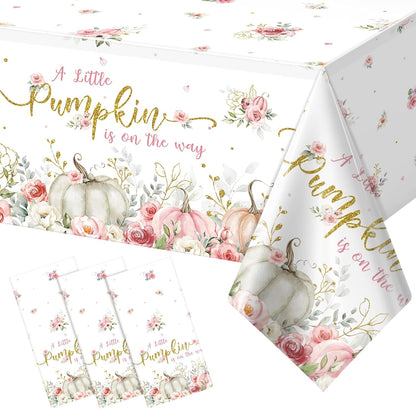3Pcs 108X54Inch a Little Pumpkin Is on the Way Plastic Tablecloths, Floral Baby Girl Shower Tablecloth, Disposable Table Cover for Fall Baby Shower Gender Reveal Party Decorations