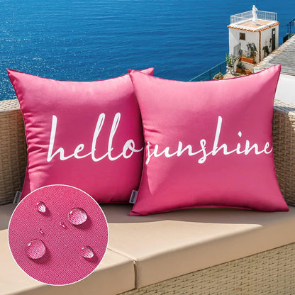 Outdoor Waterproof Throw Pillow Covers Set of 2 Hello Sunshine Decorative Outdoor Square Pillowcases for Chair Patio Garden Couch Tent Balcony Sofa Hot Pink 20X20 Inch