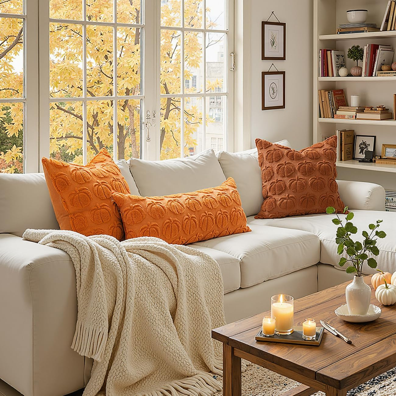 Fall Throw Pillow Covers 18X18 Set of 2 Autumn Decorations Orange Pumpkin Accent Pillowcase for Outdoor Porch Sofa Couch Bed Living Room Plush Faux Fur Halloween Farmhouse Home Decor