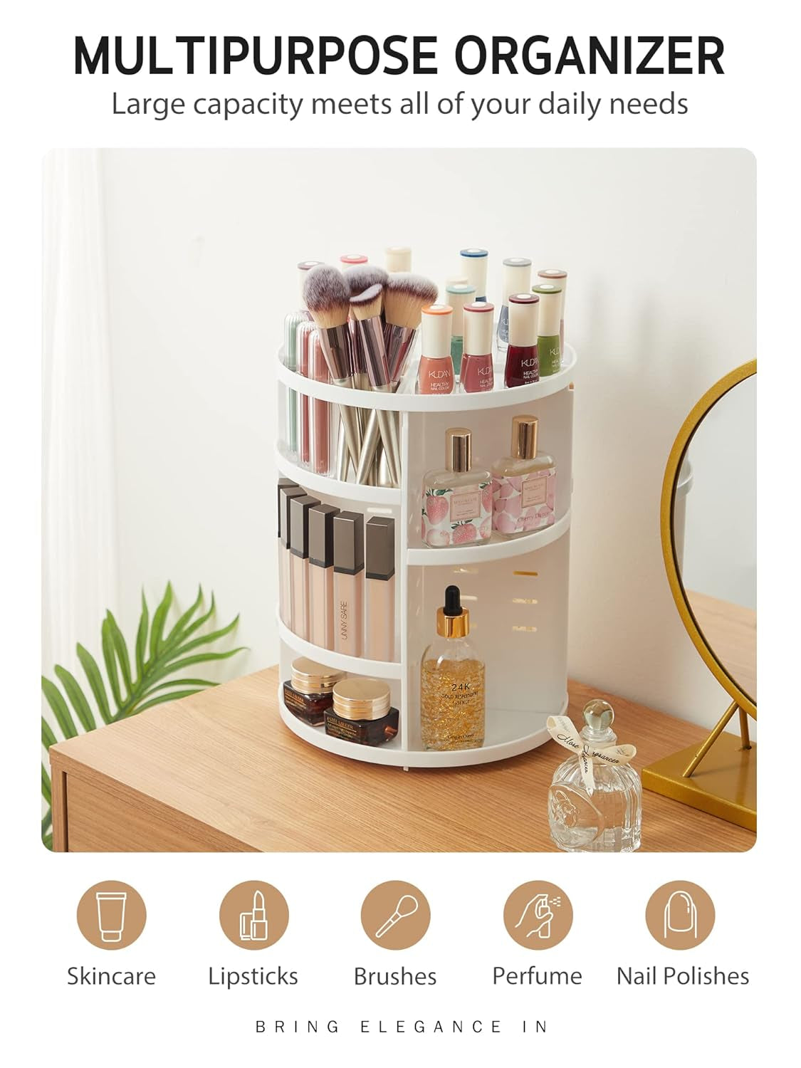 360 Rotating Makeup Organizer, DIY Adjustable Bathroom Makeup Carousel Spinning Holder Rack, Large Capacity Cosmetics Storage Box Vanity Shelf Countertop, Fits Makeup Brushes, Lipsticks, White