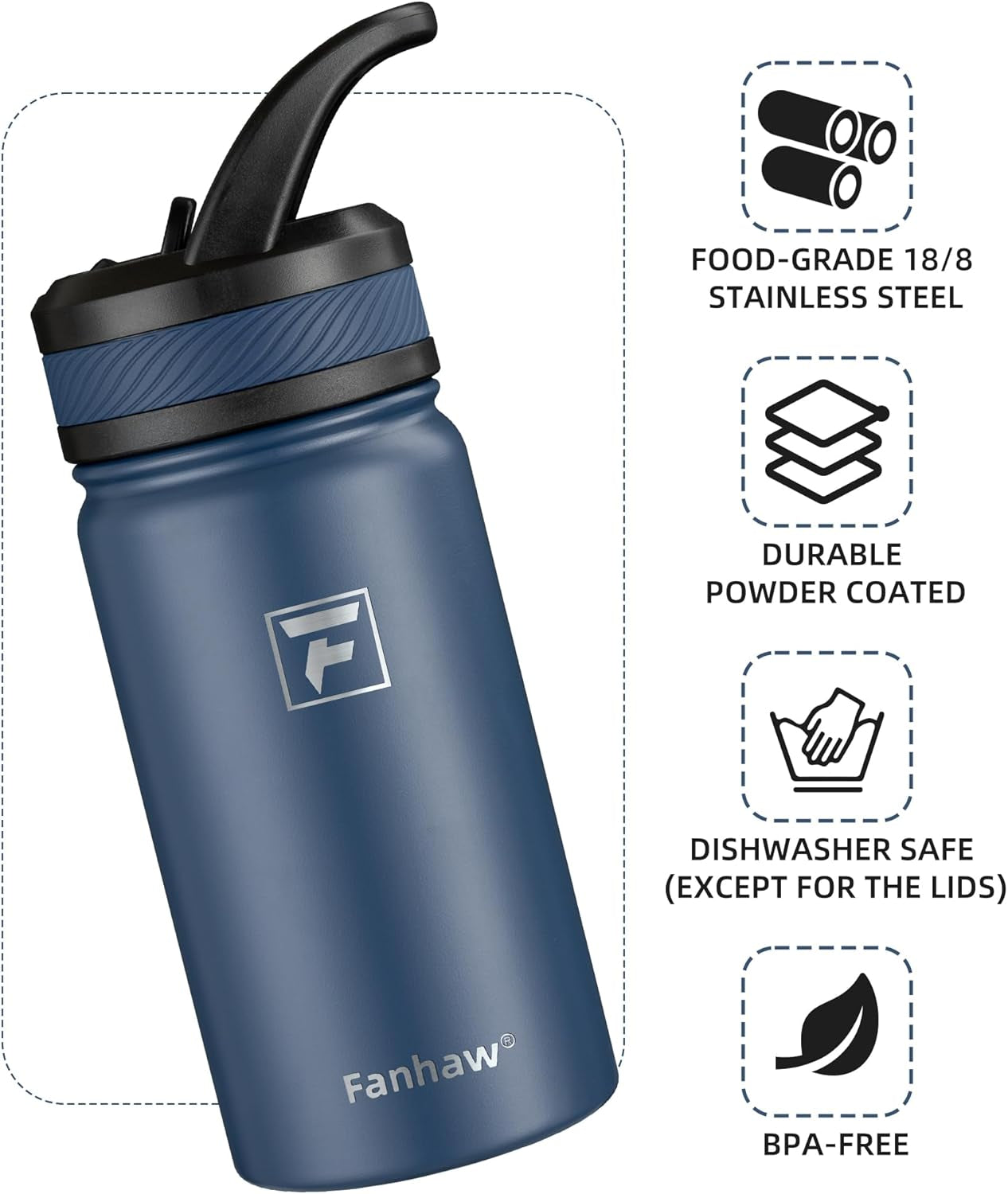 14 Oz Kids Insulated Water Bottle with Straw Lid – Stainless Steel Double Wall Vacuum, Leak-Proof, Bpa-Free Water Bottles for School Boys & Girls(Navy Blue)