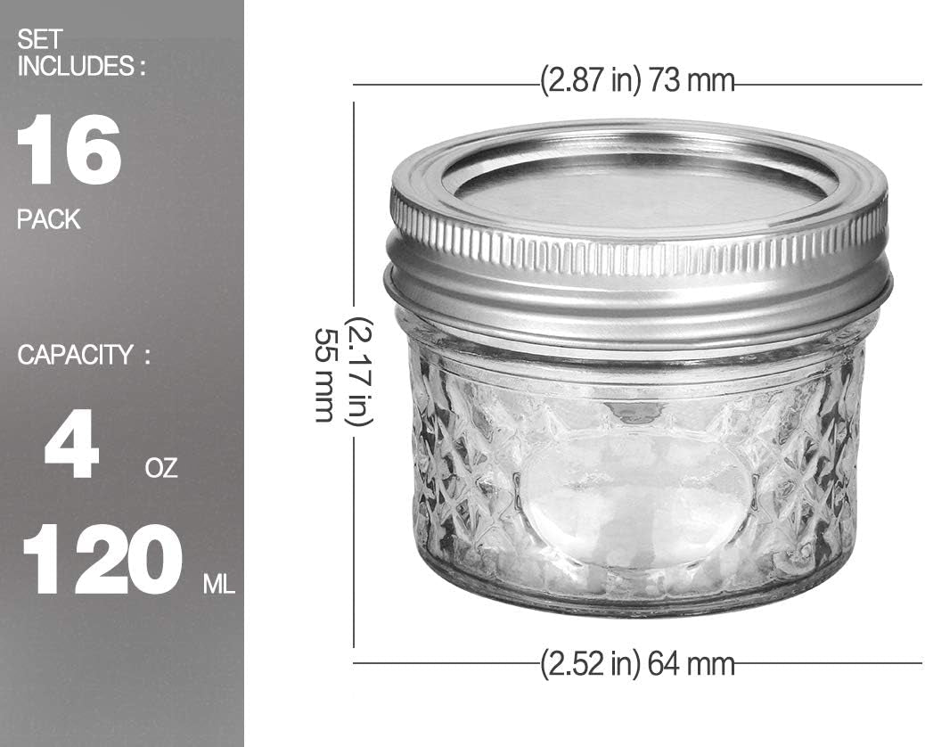4 OZ Mason Canning Jars with Regular Lids and Bands - 16 Pack with Extra 16 Lids - Perfect for Jam, Honey, Wedding/Party Favors, and DIY Spice Storage