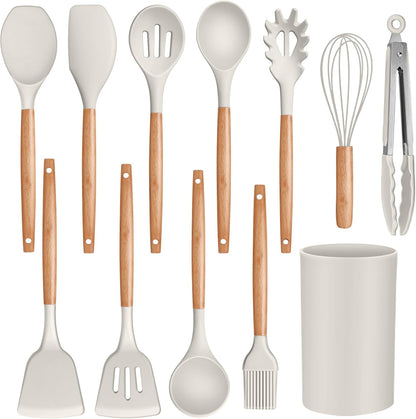 Silicone Cooking Utensils Set, 12PCS Kitchen Utensils Set with Wooden Handle for Nonstick Cookware, Ladle, Spoon, Spatula, Tong, Heat-Resistant & Non-Scratch, Non Smell & Healthy, Khaki