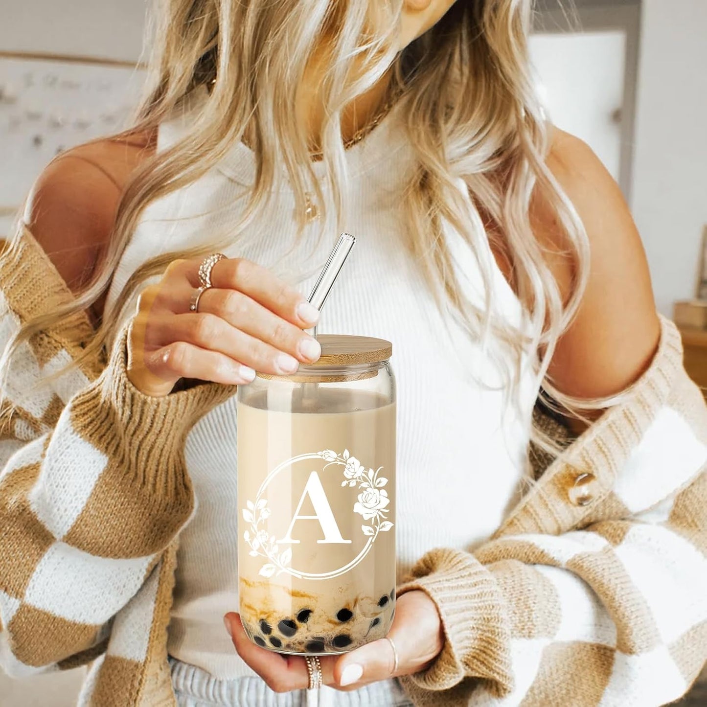 Birthday Gifts for Women, Monogrammed Initial Glass Cup Personalized Gifts for Women, 16Oz Glass Cups with Lids and Straws, Iced Coffee Cup, Beer Can Shaped Glass - Gifts for Christmas, Birthday, A