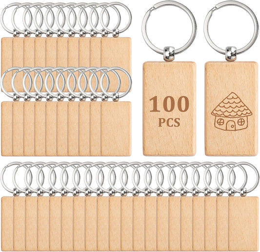 100-Piece Set of Wooden Rectangle Keychain Blanks, 1.2 Inch Unfinished Key Ring Tags for Personalized DIY Crafts and Gift Accessories