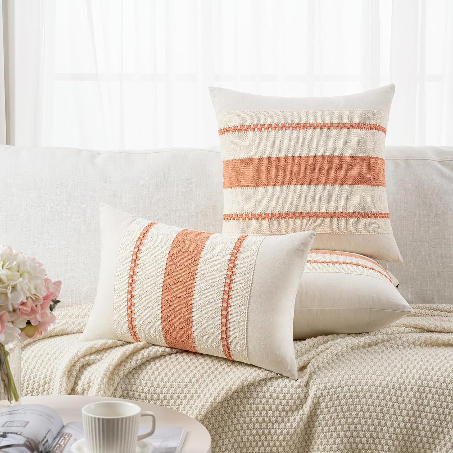 Set of 1 Boho Coral Lumbar Decorative Throw Pillow Cover 12X20 Inch for Couch Bed Sofa Chair, Modern Organic Farmhouse Home Decor, Soft Cotton Cute Accent Rectangle Cushion Case