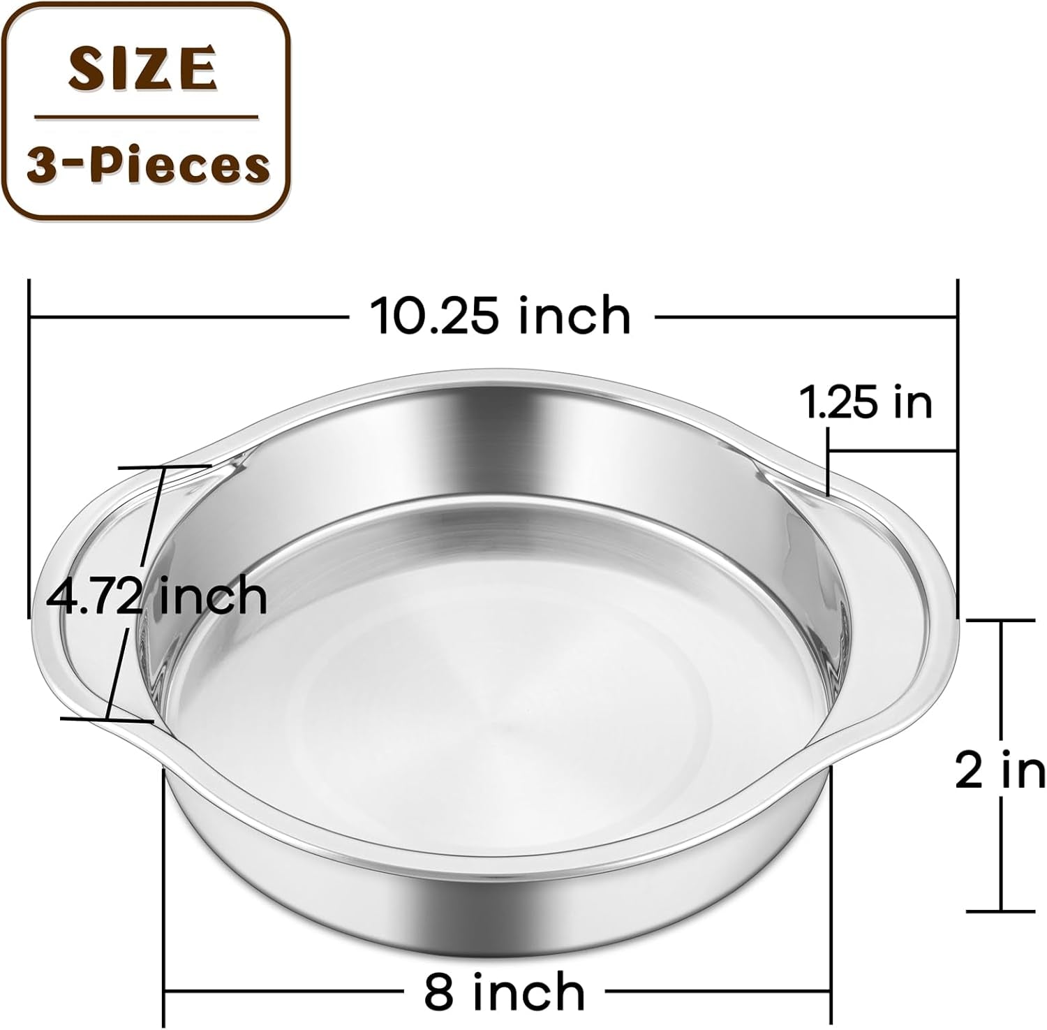 8 Inch Cake Pans Set for Baking, 3-Piece round Baking Pan with Handles, Stainless Steel Cake Tin for Birthday, One-Piece Design & Wider Handle, Dishwasher Safe & Heavy Duty, Silver