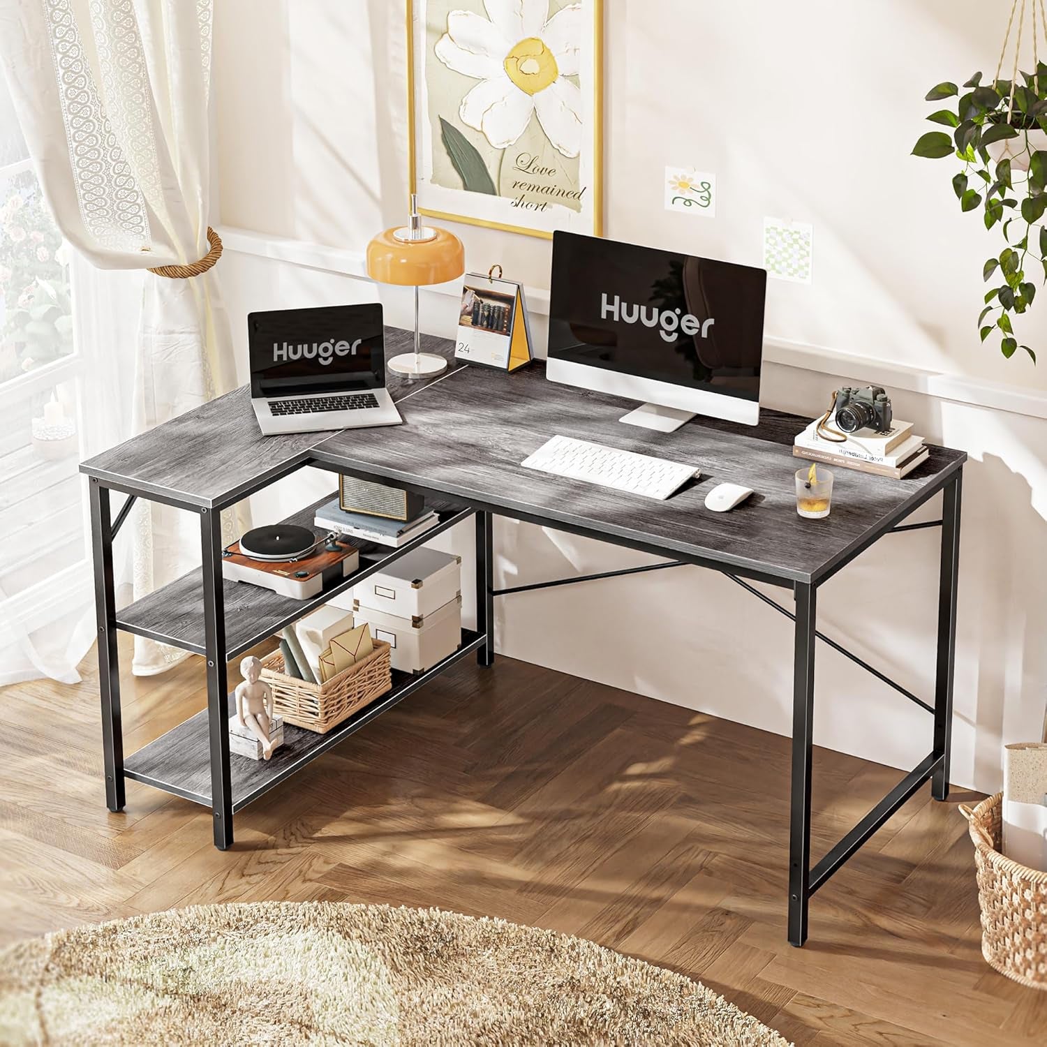 L-Shaped 47-Inch Computer Desk with Reversible Storage Shelves for Home Office, Gaming, and Study - Metal Frame, Gray