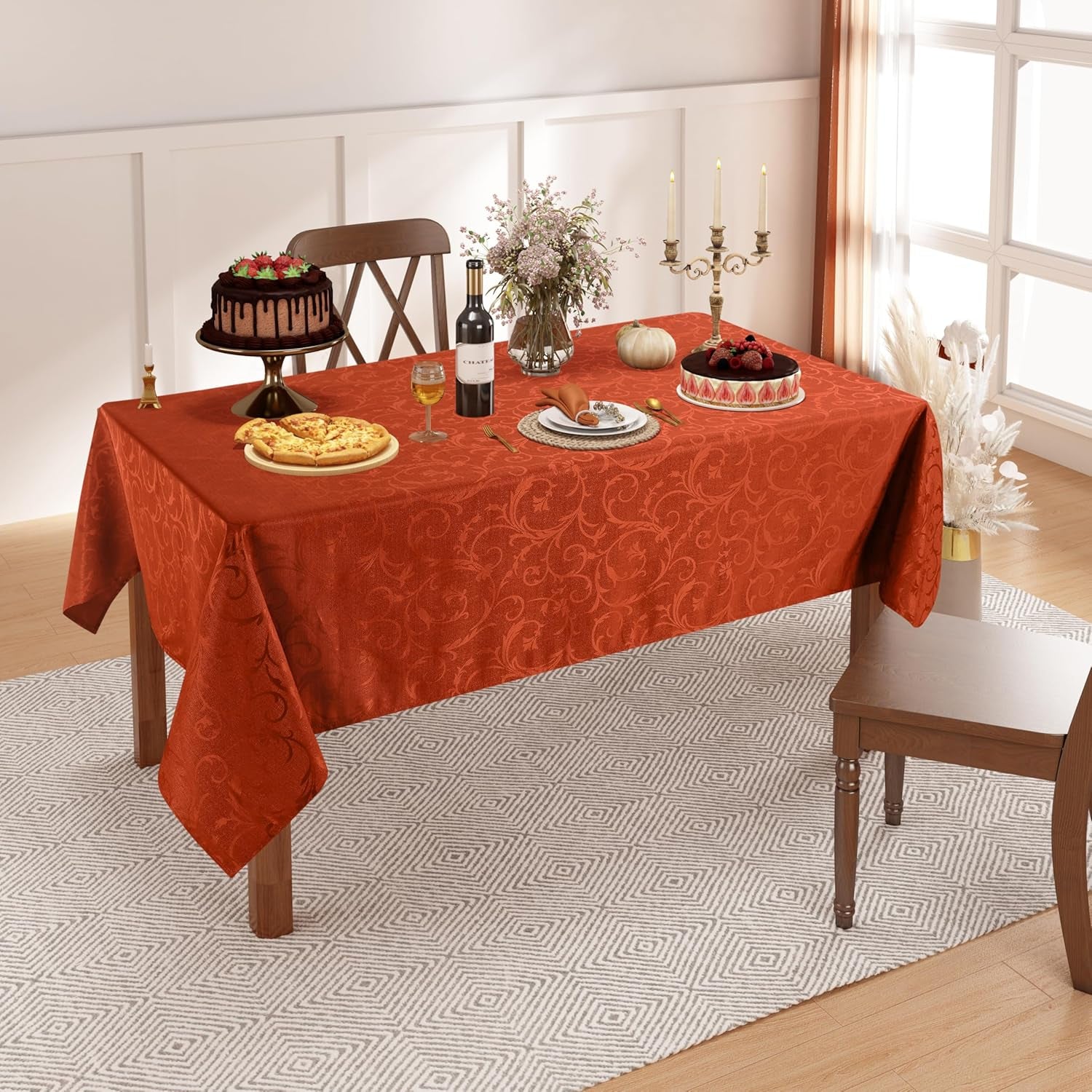 Rectangle Thanksgiving Tablecloth, Waterproof Jacquard Fall Table Cloth, Damask Cloth Table Cover for Harvest Decor (60" X 84", Rust Vine Pattern)