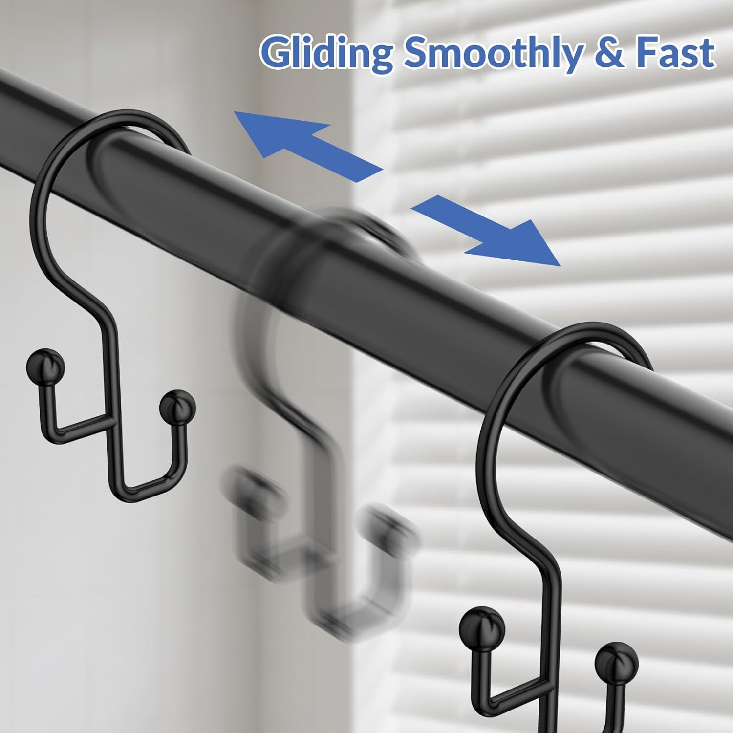 Shower Curtain Hooks, Black Shower Curtain Hooks Rust Proof, Anti-Drop Metal Shower Curtain Rings Hooks, Double Shower Hooks for Shower Curtain, Shower Rings for Curtain & Liner, Black-12 Pcs