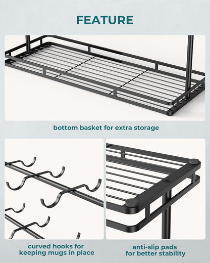 Coffee Mug Holder for Countertop, 14-Hook Mug Tree Rack for 14 Cups, 2 Tier Mug Display Stand with Heavy Duty Metal Base