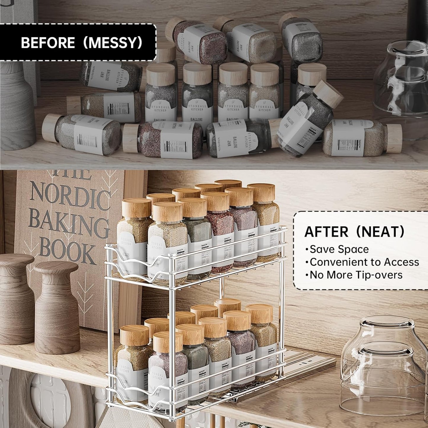 Pull Out Spice Rack Organizer for inside Cabinet, Slide Out Spice Organization for Cabinet, 4.9''Wx10.4''Dx9.57''H, Chrome Vertical Sliding Seasoning Organizer - 2 Tier