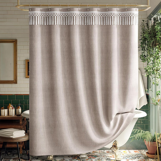 Boho Shower Curtain with Tassels Taupe, Tan Farmhouse Shower Curtain with Hooks, Faux Linen Fabric, Water-Repellent Neutral Fabric, 72X72 Inches