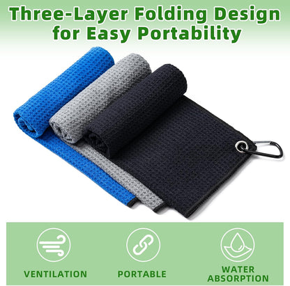 3 Pack Golf Towels(16" X 16") with Carabiner Clip,Microfiber Fabric Waffle Pattern Towels for Golf Bags,Tri-Fold Portable Towels for Men Women,Blue/Black/Gray