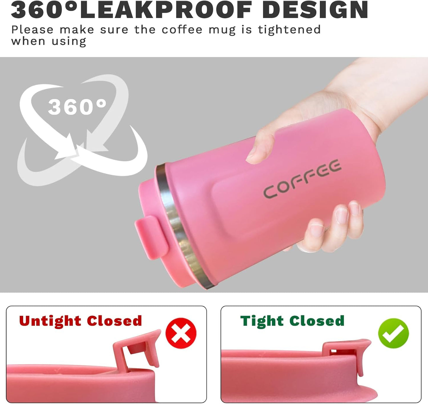 Insulated Travel Coffee Mug, Spill & Leak Proof, Portable to Go Camping Stainless Steel Coffee Tumbler, Reusable Thermal Coffee Cup with Lid for Hot & Cold Drinks (2Nd-Pink, 12 OZ)