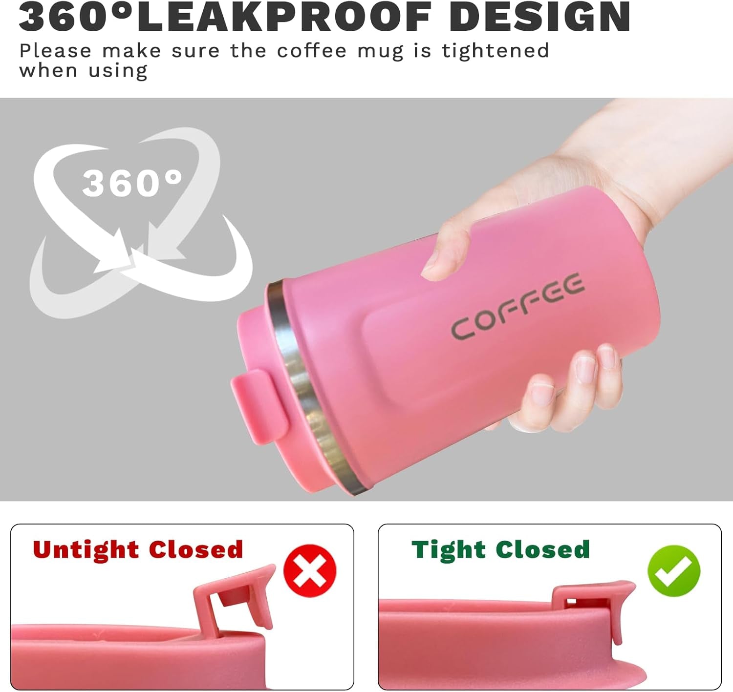 Insulated Travel Coffee Mug, Spill & Leak Proof, Portable to Go Camping Stainless Steel Coffee Tumbler, Reusable Thermal Coffee Cup with Lid for Hot & Cold Drinks (2Nd-Pink, 12 OZ)