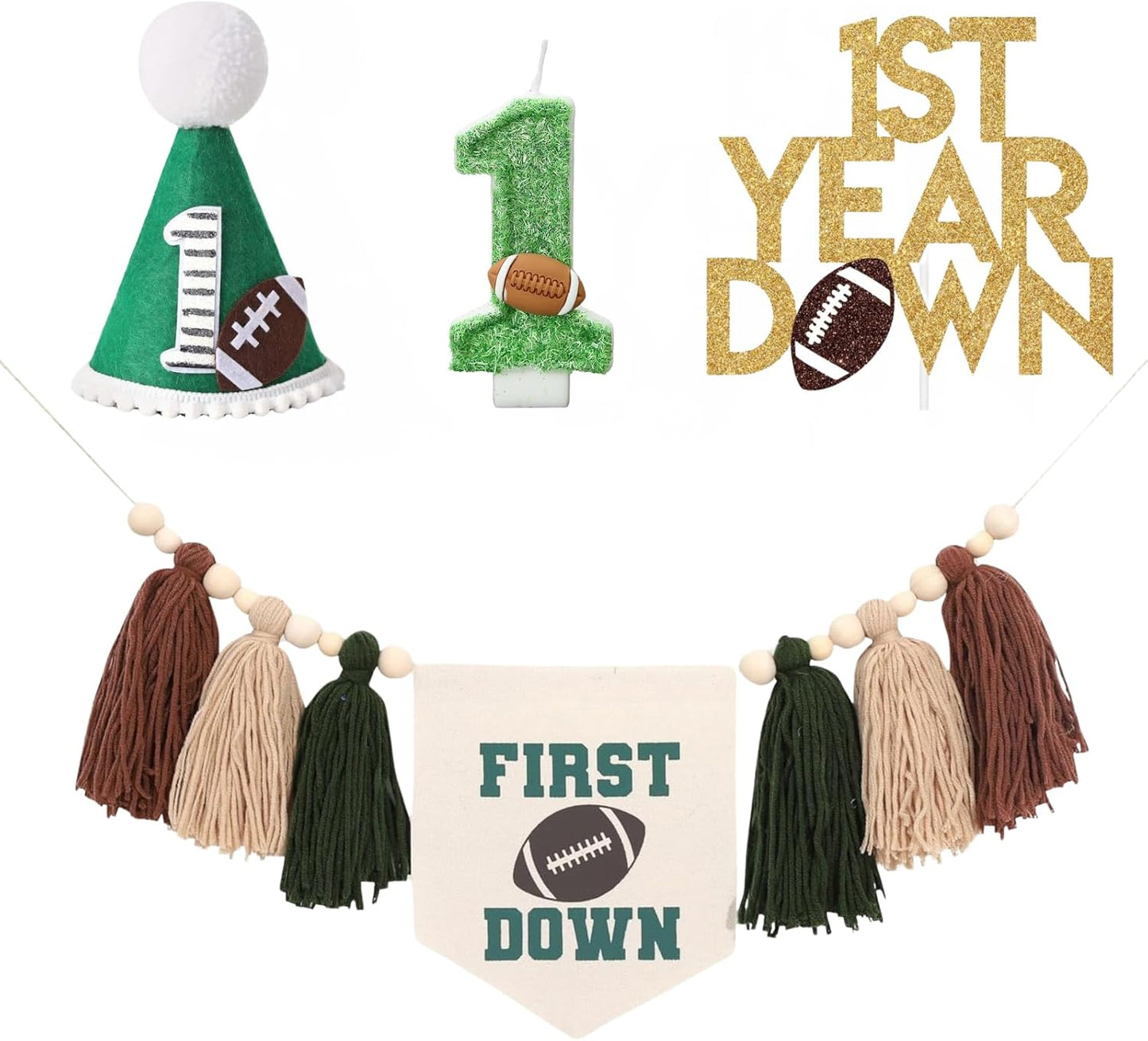 First Year down Birthday Party Decorations Football Theme Set, 1St Birthday Football Candle, High Chair Banner, Cake Topper, Hat for Baby'S First Birthday, First down Football Party Supplies