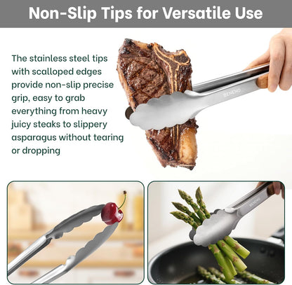 Tongs for Cooking, Food-Grade Stainless Steel Kitchen Tongs 12-Inch with Lightweight Heat-Insulating Wooden Grip & Non-Slip Scalloped Tips, Sturdy Locking Metal Tong for Cooking, Grill