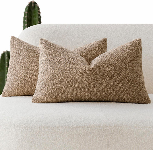 Pack of 2 Textured Boucle Throw Pillow Covers Accent Solid Lumbar Pillow Cases Cozy Soft Decorative Couch Cushion Case for Chair Sofa Bedroom Living Room Home Decor, 12 X 20 Inch,Camel