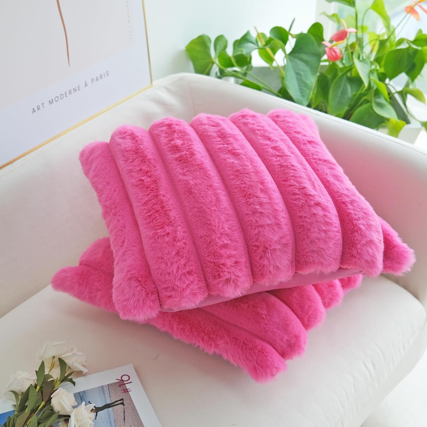 Pack of 2 Faux Fur Plush Decorative Throw Pillow Covers Couch Cushion Case Soft Fluffy Pillowcases Wide Stripe (Hot Pink, 16 X 16 Inch)
