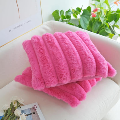Pack of 2 Faux Fur Plush Decorative Throw Pillow Covers Couch Cushion Case Soft Fluffy Pillowcases Wide Stripe (Hot Pink, 16 X 16 Inch)