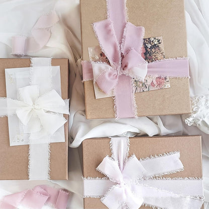 Pink Chiffon Ribbon 1.5" X 28Yd Pink & Cream Fringe Chiffon Wedding Silk Handmade Ribbon Set 7Yd X 4 Rolls for Bridal Bouquets Wedding Invitations DIY Decor Gift Wrapping & Bow Making