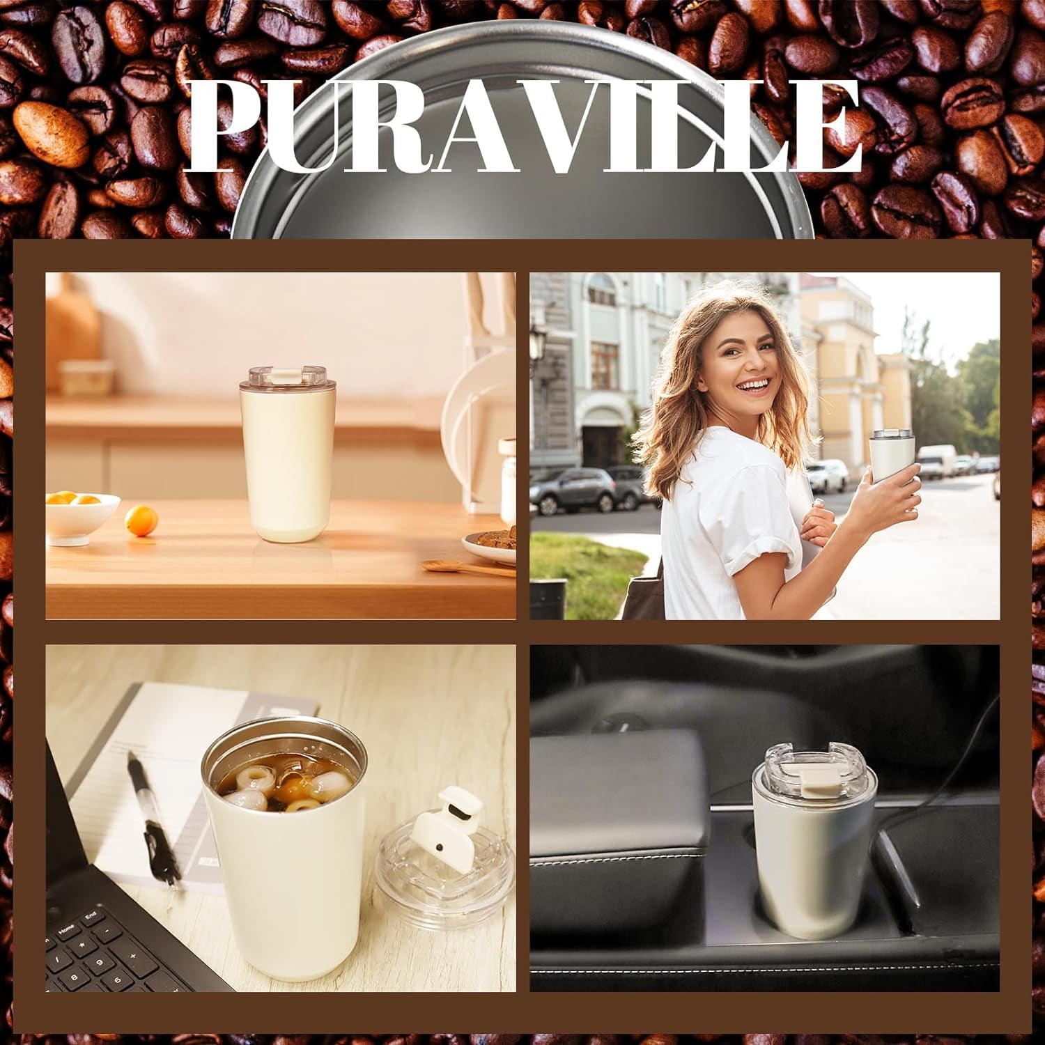 Insulated Tumblers with Lid, 14 Oz Travel Coffee Mug Stainless Steel Vacuum Cup, Leak Proof Reusable Double Walled Coffee Tumbler for Iced and Hot Drinks, Cream