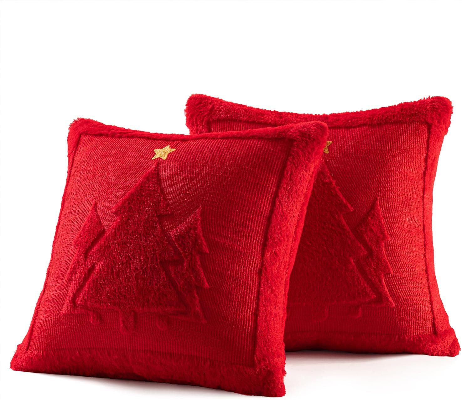 Christmas Trees Pillow Covers Set of 2 Decorative Soft Throw Pillows Plush Faux Fur Wool Embroidered Couch Cushion for Holiday Winter Home Decor Chair Sofa Bedroom Living Room,Red 18X18Inch