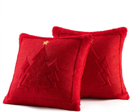 Christmas Trees Pillow Covers Set of 2 Decorative Soft Throw Pillows Plush Faux Fur Wool Embroidered Couch Cushion for Holiday Winter Home Decor Chair Sofa Bedroom Living Room,Red 18X18Inch
