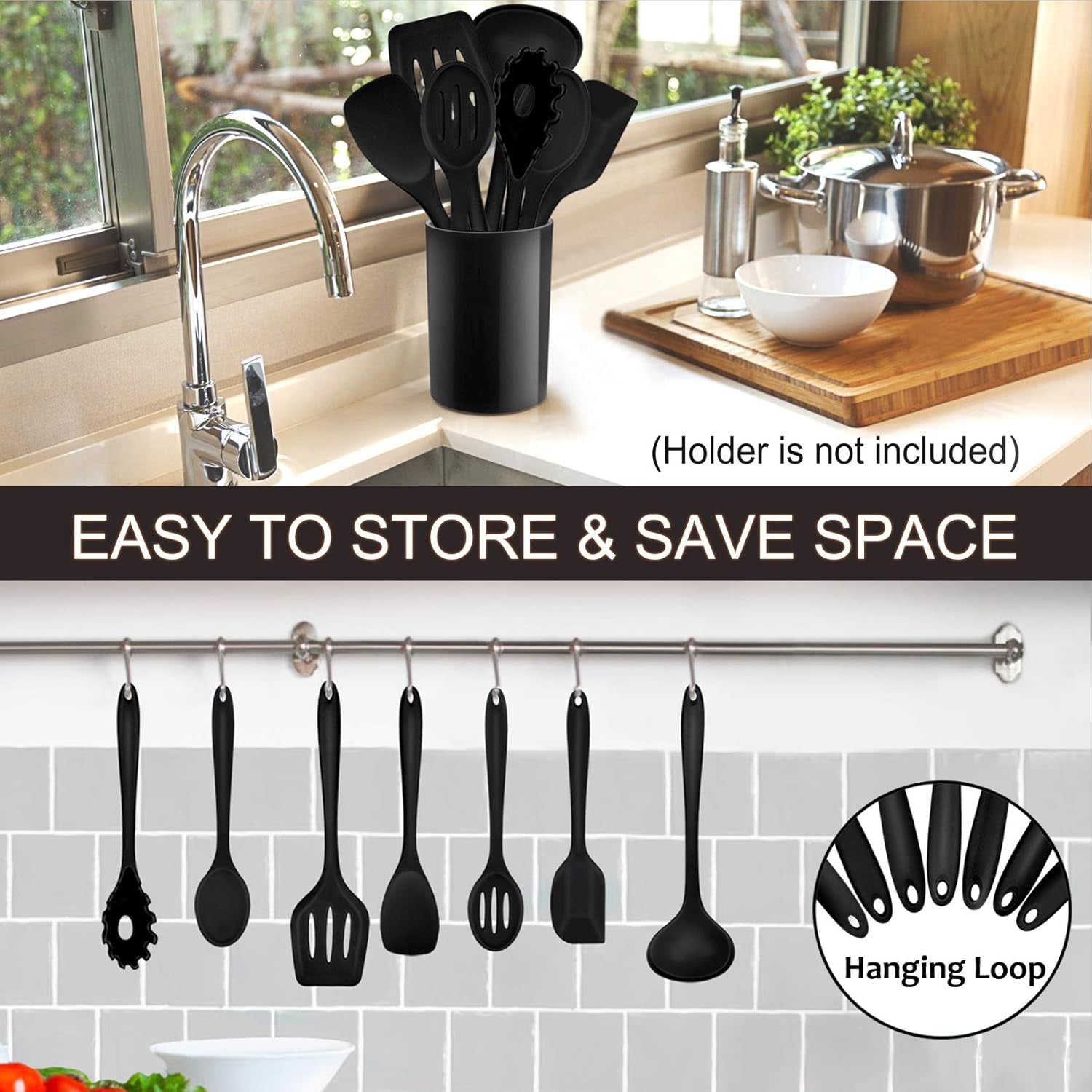 Silicone Cooking Utensils Set of 7, Heat-Proof Kitchen Utensils Set for Nonstick Cookware, Non-Stick Spatula, Slotted Turner, Soup Ladle, Pasta Server, Spoon for Cooking Serving - Black