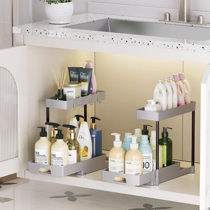 2 Pack under Sink Organizers and Storage, L-Shape Grey under Bathroom Kitchen Sink Organizer with Drawer for under Sink Storage Organizer