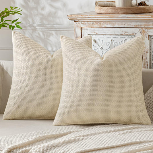 Pack of 2 Couch Throw Pillow Covers 18X18 Inch Neutral Cream Modern Boho Accent Decorative Pillow Covers Soft Chenille Farmhouse Cushion Covers for Home Decor Bed Sofa Living Room