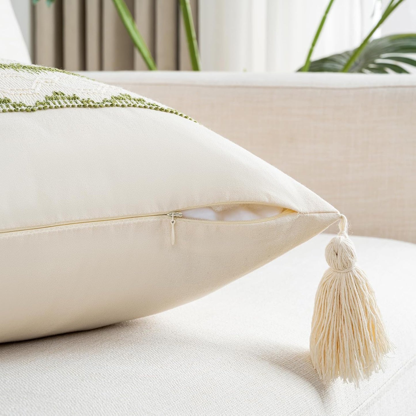 Set of 2 Boho Moss Green Lumbar Decorative Throw Pillow Cover 12X20 Inch for Couch Bed Sofa Chair, Modern Farmhouse Home Decor, Soft Cute Accent Rectangle Cushion Case with Tassels