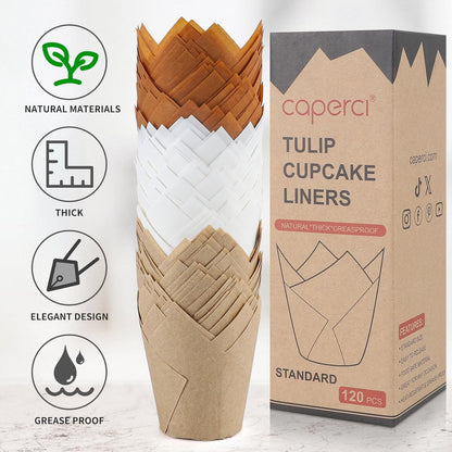 Standard Tulip Cupcake Liners - 120 Count Greaseproof Muffin Baking Cups for Weddings, Birthdays, Baby Showers, Festivals, and Christmas (Natural/White/Brown)