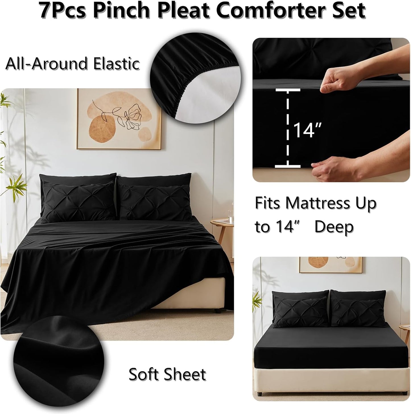 Queen Comforter Set 7 Pieces Bed in a Bag Black Premium Comforters Queen Size Bed Set Pintuck Pinch Pleat Complete Bedding Sets with Comforter, Flat Sheet, Fitted Sheet and Pillowcases & Shams