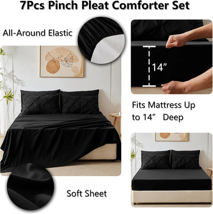 Queen Comforter Set 7 Pieces Bed in a Bag Black Premium Comforters Queen Size Bed Set Pintuck Pinch Pleat Complete Bedding Sets with Comforter, Flat Sheet, Fitted Sheet and Pillowcases & Shams