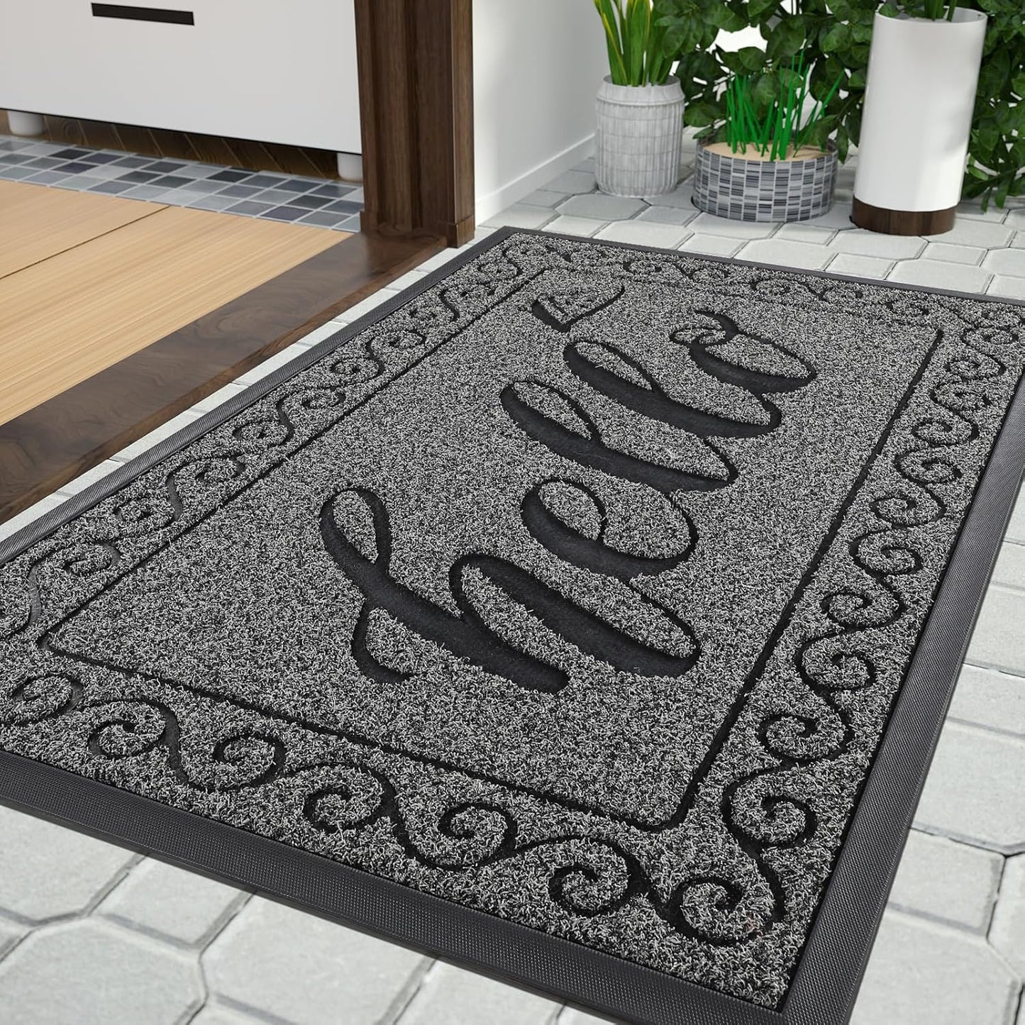 Hello Door Mat Outdoor Indoor, 100% Waterproof All-Season Welcome Mat, Washable Heavy Duty Front Door Mat, Stain and Fade Resistant, Low Profile, Easy Clean, 29.5 X 17, Black Gray