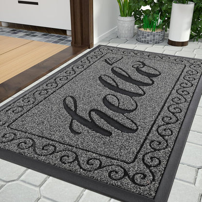 Hello Door Mat Outdoor Indoor, 100% Waterproof All-Season Welcome Mat, Washable Heavy Duty Front Door Mat, Stain and Fade Resistant, Low Profile, Easy Clean, 29.5 X 17, Black Gray