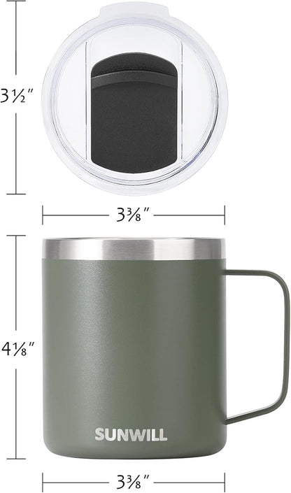 Travel Coffee Mug with Lid, Insulated Tumbler with Handle, 14 Oz Stainless Steel Cup for Home, Office, Camping, Powder Coated Camp Green