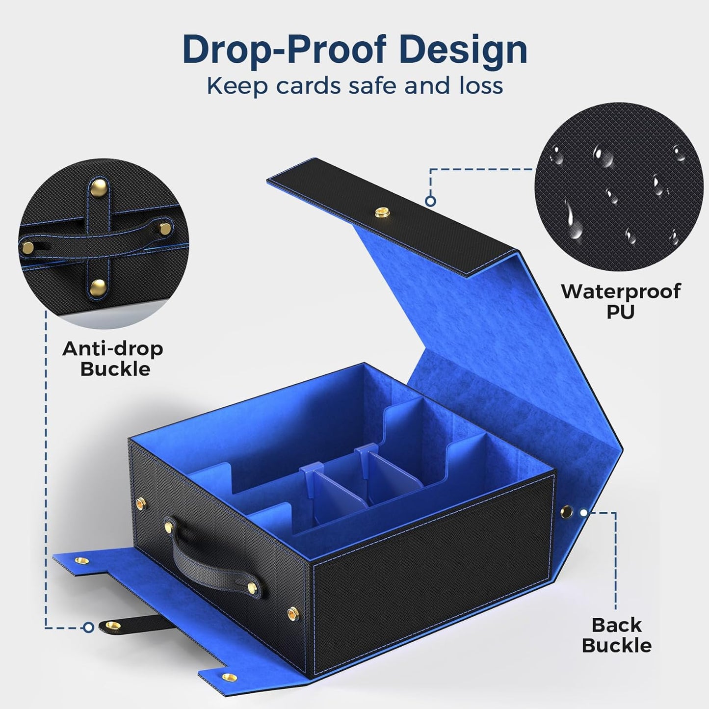 Card Deck Box for MTG with Small Case, 1800+ Commander Trading Card Storage Box with Portable Handle, Magnetic Deck Case Fits for Top Loader TCG, PTCG, Sports, Magic Cards, Black Blue