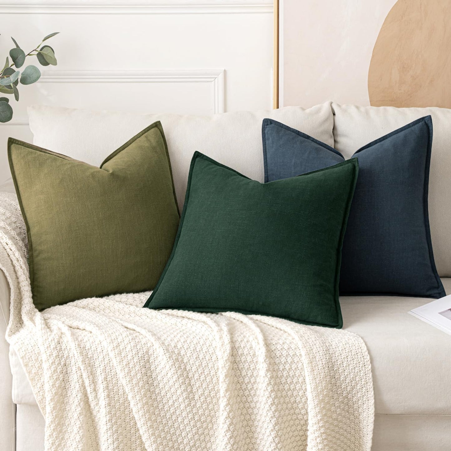 Christmas Decorative Linen Pillow Covers 18X18 Inch Dark Green ​Boho Farmhouse​ ​Neutral Couch Throw Pillows for Bed Pack of 2 Accent Modern Pillowcase Sofa Livingroom Home Decor