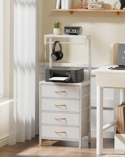 White Tall Nightstand with Charging Station and LED Lighting, Multifunctional Bedside Table with 4 Fabric Drawers, Metal Frame and Wood Shelves for Bedroom, Office, and Hallway