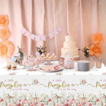 3Pcs 108X54Inch a Little Pumpkin Is on the Way Plastic Tablecloths, Floral Baby Girl Shower Tablecloth, Disposable Table Cover for Fall Baby Shower Gender Reveal Party Decorations