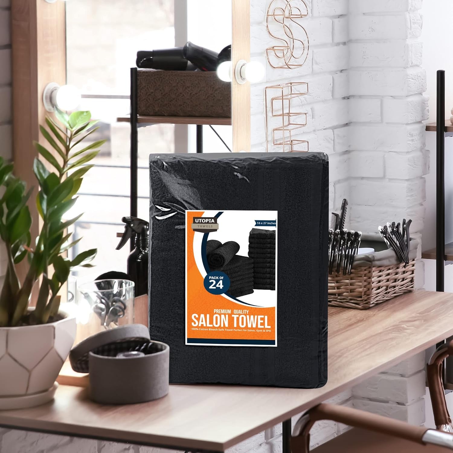 Cotton Bleach Proof Salon Towel 16 by 27 Inches, Bleach Safe Gym 100% Cotton Hand Towel, 24 Pack, Black