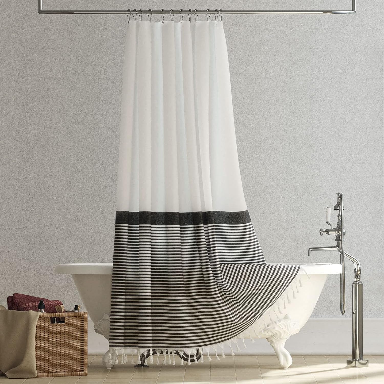 Modern Farmhouse Fabric Shower Curtain Boho Black and White Striped Cloth Bathroom Shower Curtain with Tassels, Hotel Luxury Decorative Shower Curtain Set with 12 Hooks - 72X72
