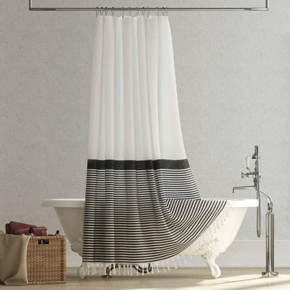 Modern Farmhouse Fabric Shower Curtain Boho Black and White Striped Cloth Bathroom Shower Curtain with Tassels, Hotel Luxury Decorative Shower Curtain Set with 12 Hooks - 72X72