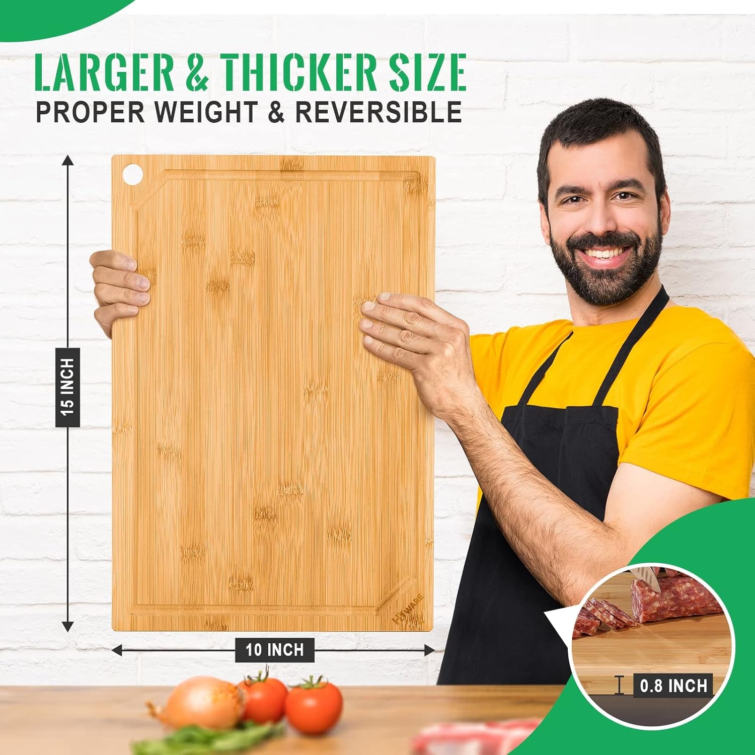 Bamboo Cutting Board for Kitchen, Heavy Duty Wood Cutting Board with Juice Groove, 100% Organic Bamboo, Pre Oiled, 15" X 10"