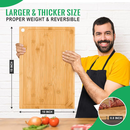 Bamboo Cutting Board for Kitchen, Heavy Duty Wood Cutting Board with Juice Groove, 100% Organic Bamboo, Pre Oiled, 15" X 10"