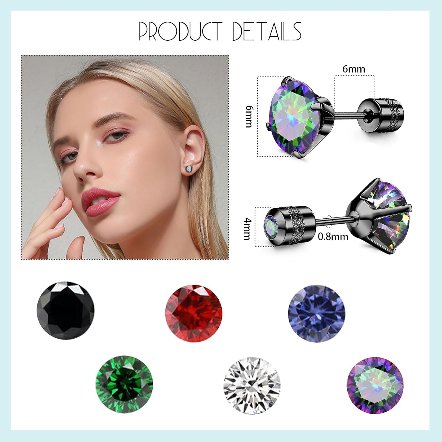 Titanium Screw Flat Back Stud Earrings,Black Hypoallergenic Cubic Zirconia Stud Earring,Double Side Titanium Screw Back Earrings,Piercing Earring for Women and Men 6Mm (Black)