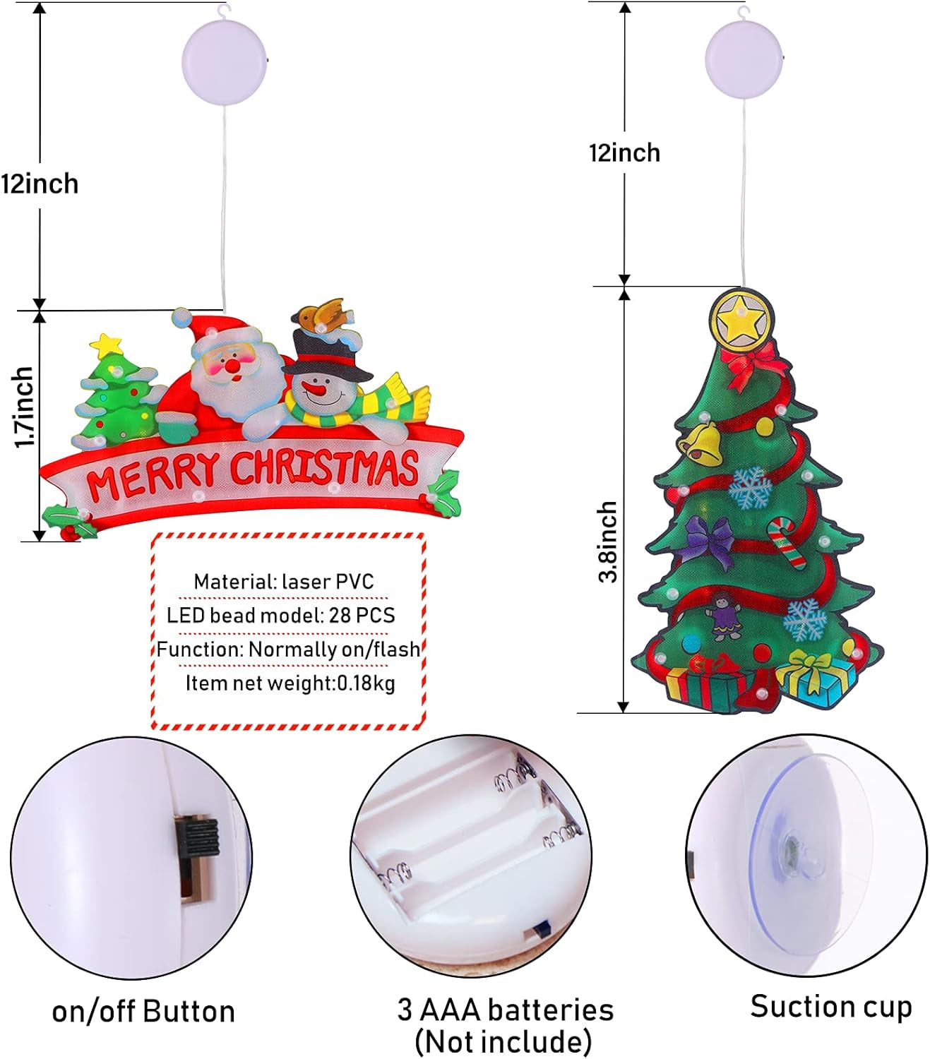 2 PCS Lighted Christmas Window Silhouette Decoration Light up Christmas Tree Merry Christmas Battery Operated with Suction Cup Hook 3M Sticker for Window Christmas Glass Wall Indoor Decorations